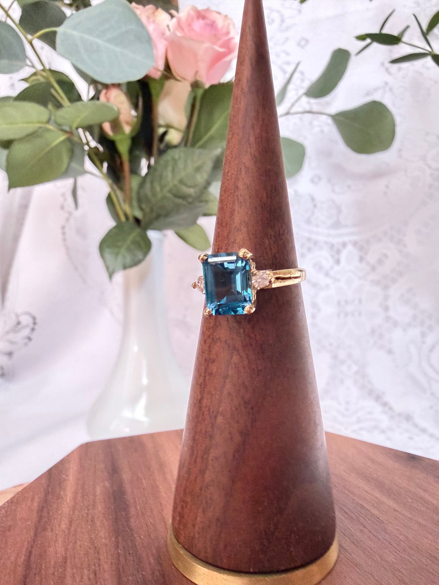 Emerald Cut Blue Topaz and Diamond Ring