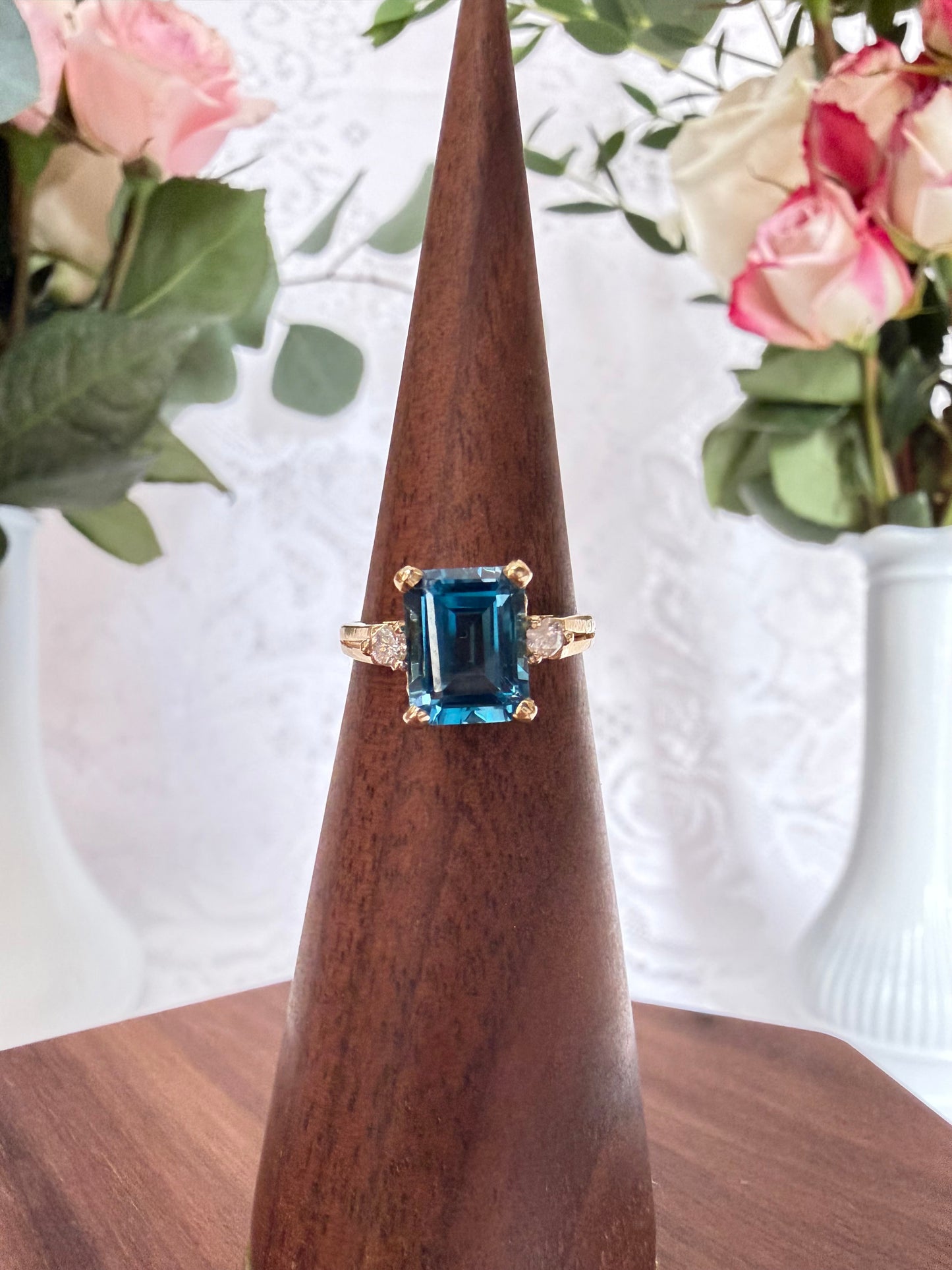 Emerald Cut Blue Topaz and Diamond Ring