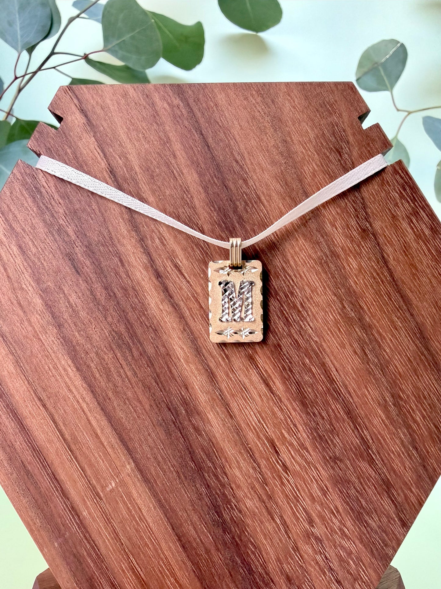 Yellow Gold "M" Initial Rectangle Pendant
