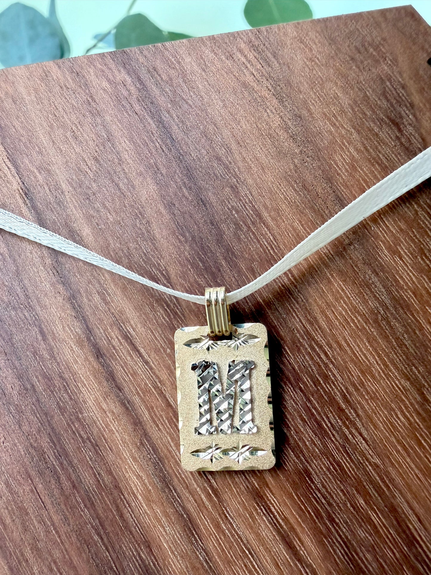Yellow Gold "M" Initial Rectangle Pendant