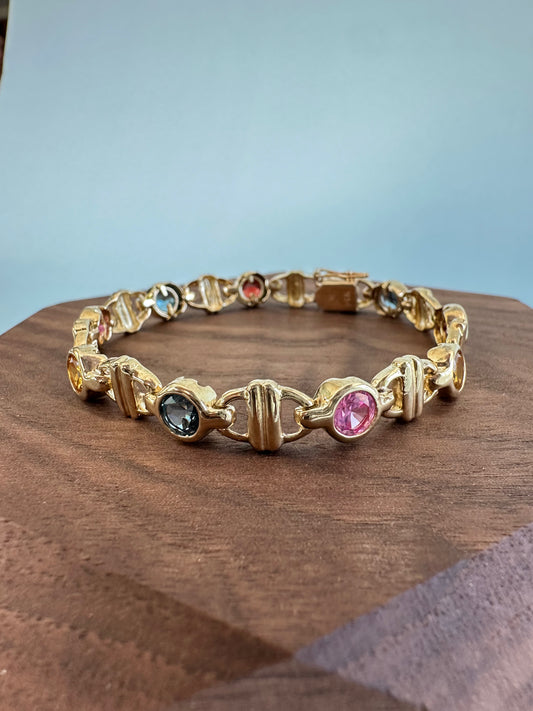 Multi-Gem Yellow Gold Tennis Bracelet