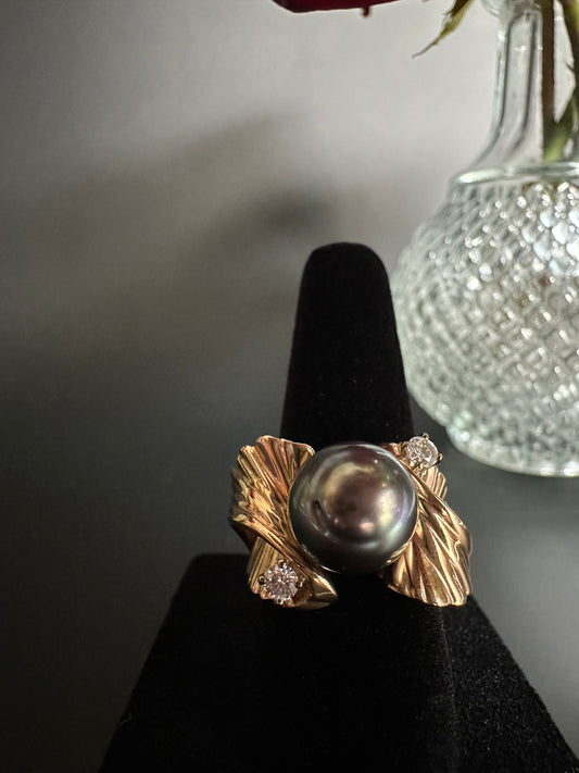 Black South Sea Pearl Ring with Diamond Accents