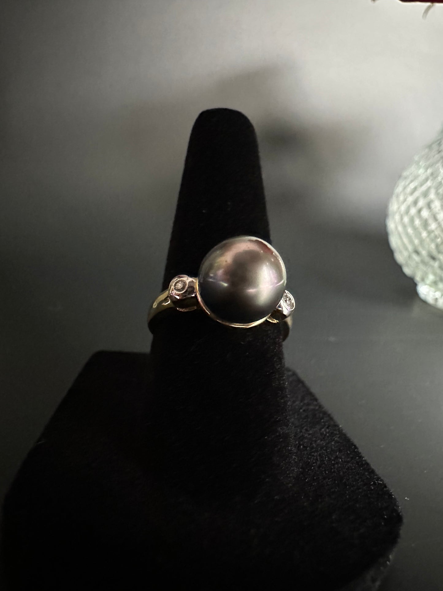 Black Pearl Ring with Bezel Diamond Accents
