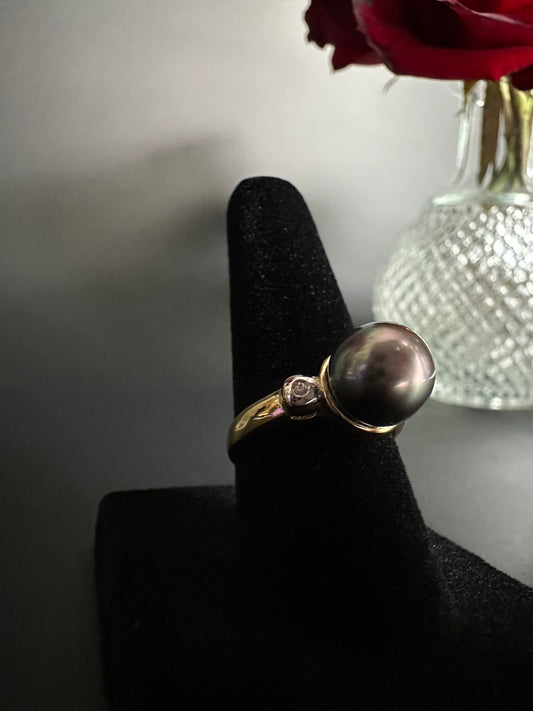 Black Pearl Ring with Bezel Diamond Accents