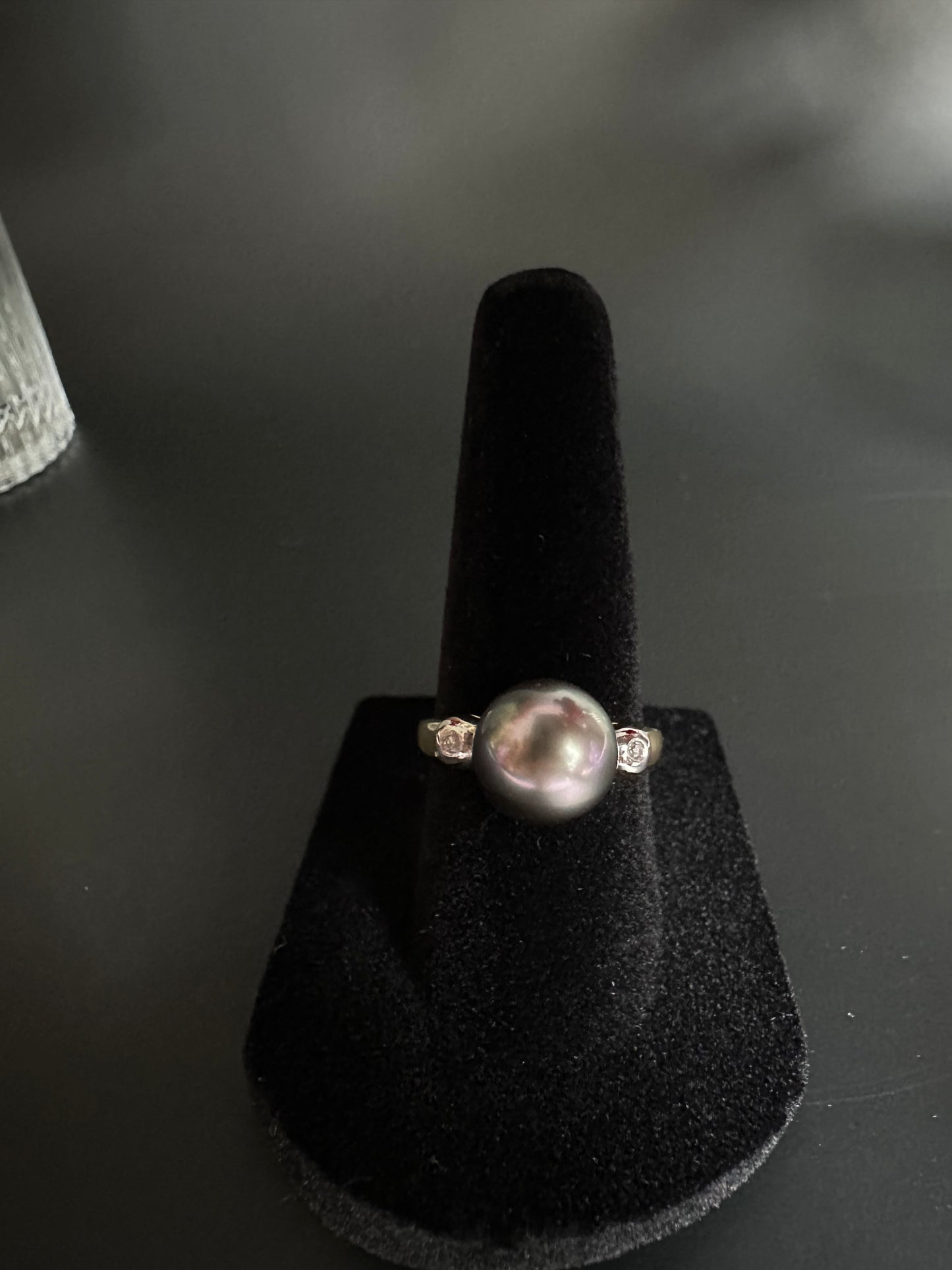 Black Pearl Ring with Bezel Diamond Accents