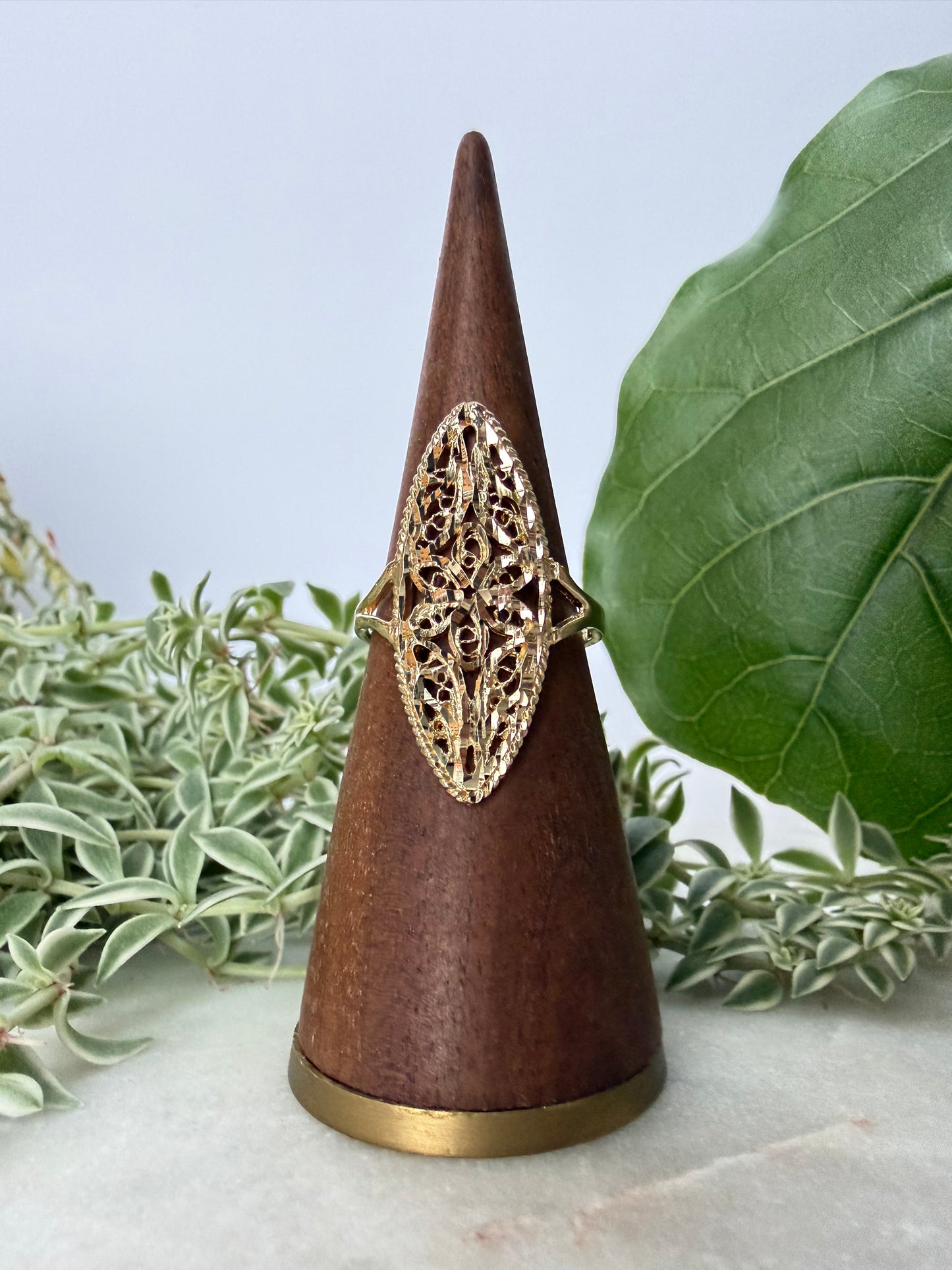 Marquis Shaped Yellow Gold Ring with Scroll Detailing