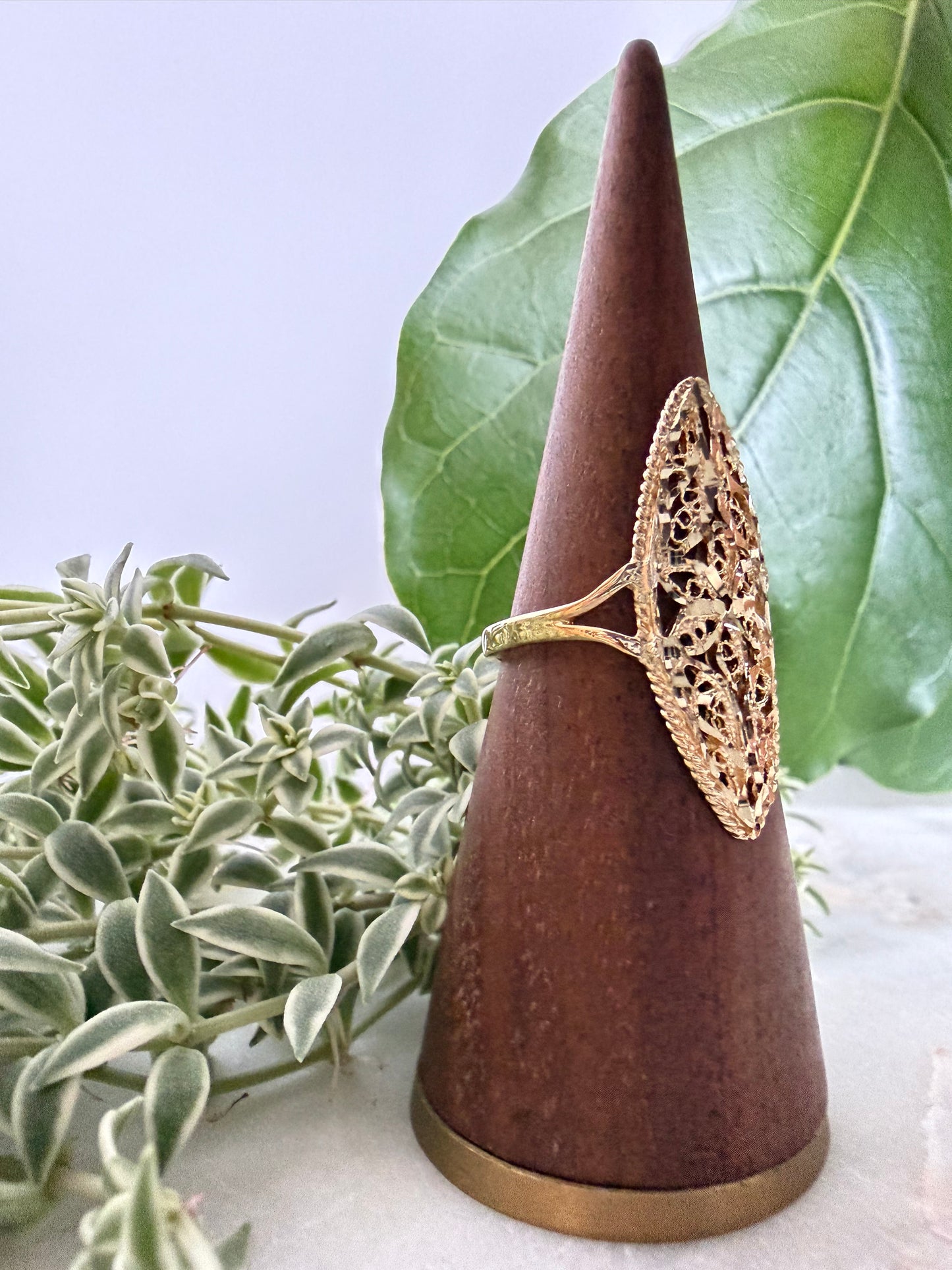 Marquis Shaped Yellow Gold Ring with Scroll Detailing